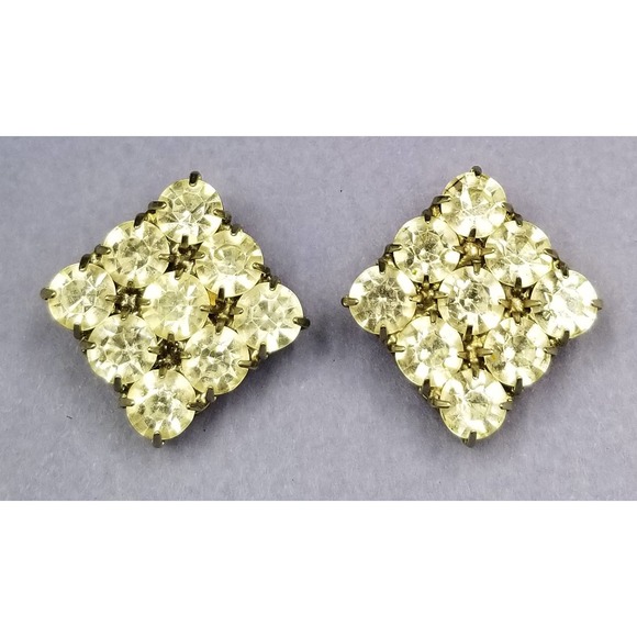 Big Sparkling Clear Rhinestones Diamond Clip Earrings, 1950s, Vintage E157 - Picture 2 of 3
